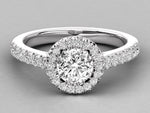 Заредете изображението в галерията: Aris – годежен пръстен с кръгъл диамант 0.89 ct и ореол от диаманти в 14К бяло злато