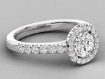 Заредете изображението в галерията: Aris – годежен пръстен с кръгъл диамант 0.89 ct и ореол от диаманти в 14К бяло злато