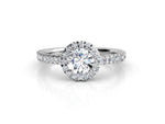 Заредете изображението в галерията: Aureline – годежен пръстен с диамант 0.65 ct и нежен ореол от диаманти в 14К бяло злато
