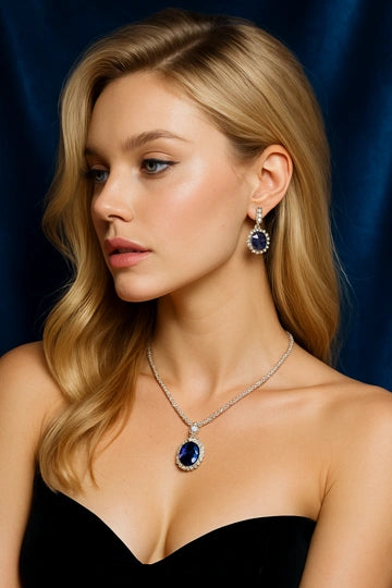 Елегантна жена с сапфирено колие и обеци – MI Diamonds покана за регистрация