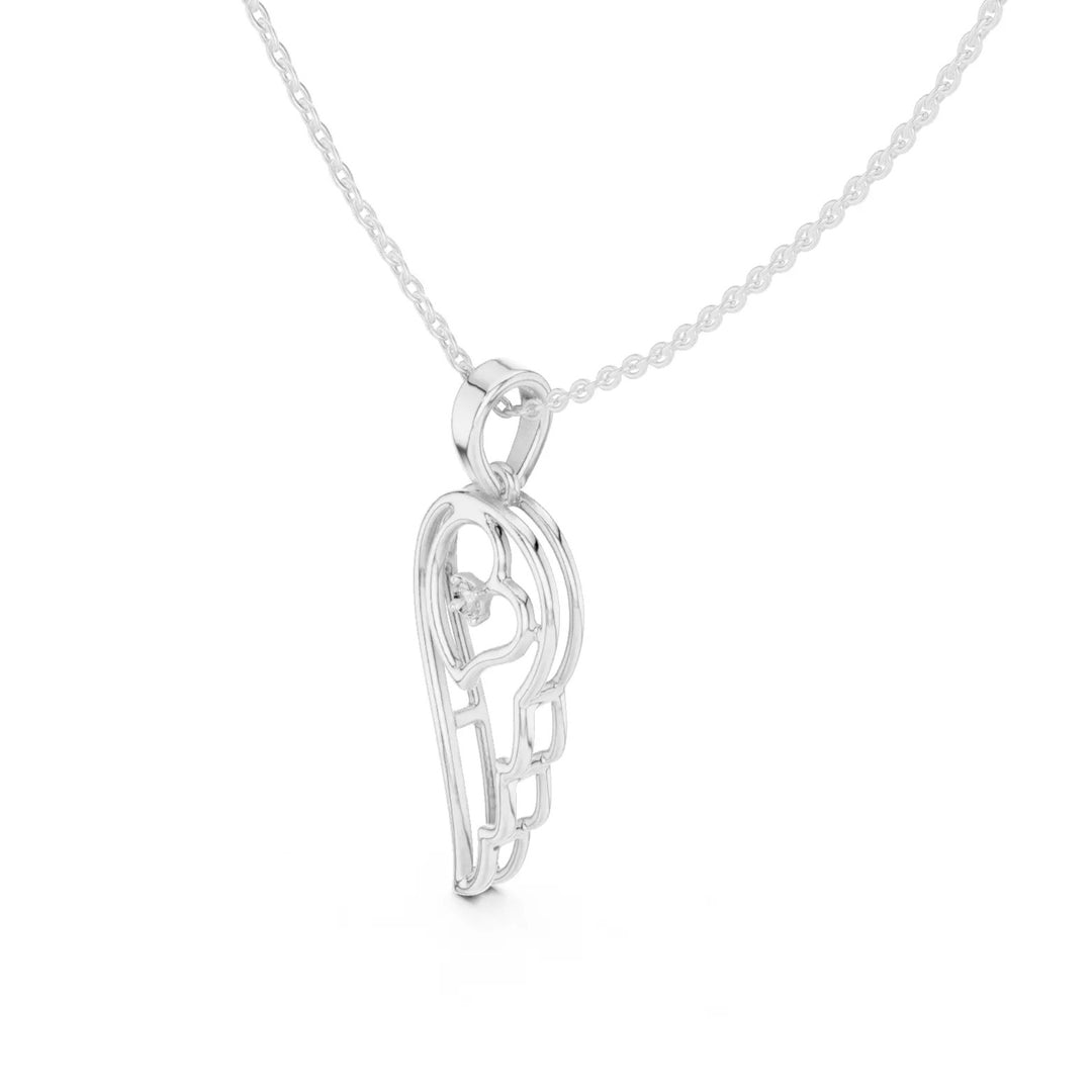 Amora висулка с ангелско крило и сърце, инкрустирана с диамант от 14К бяло злато