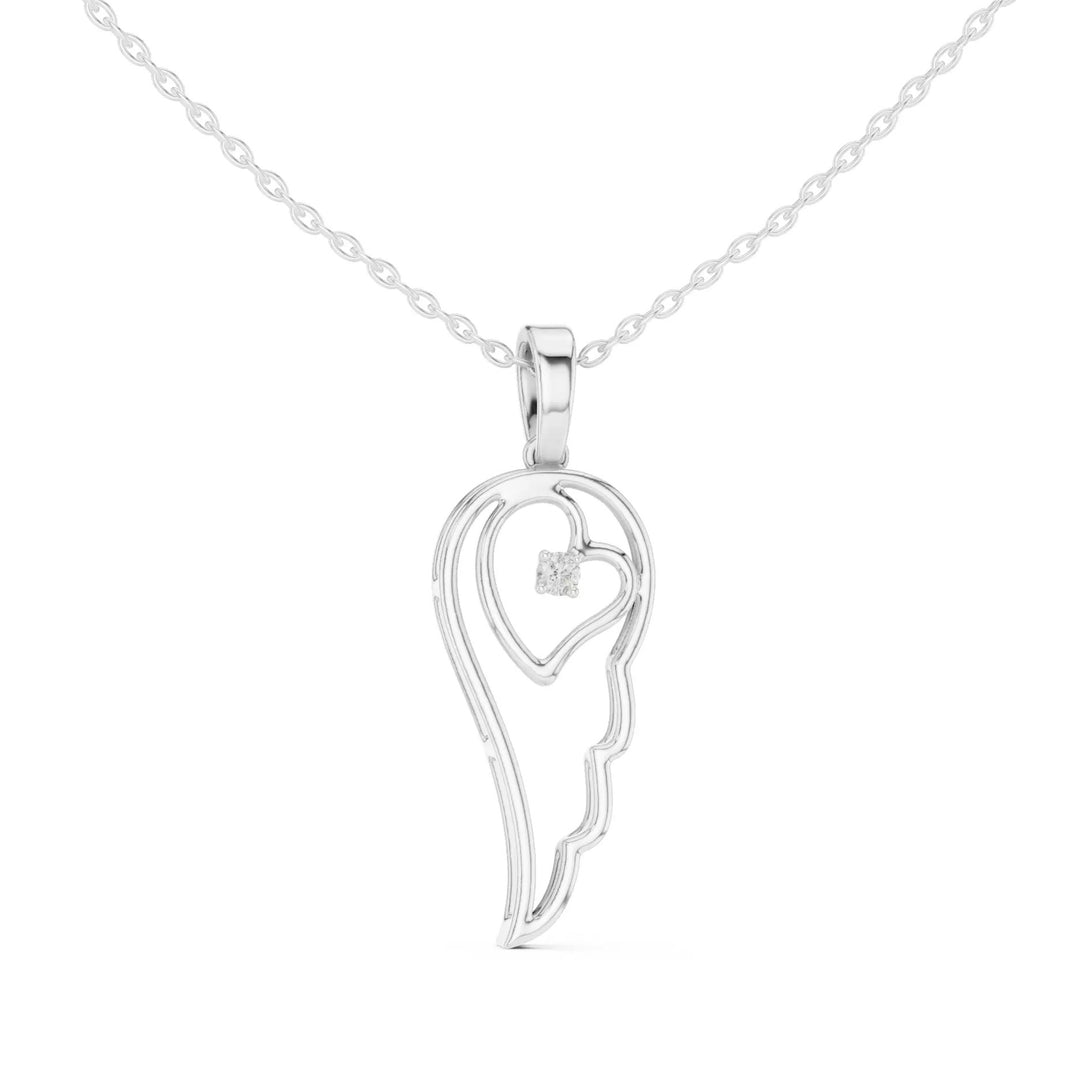 Amora висулка с ангелско крило и сърце, инкрустирана с диамант от 14К бяло злато