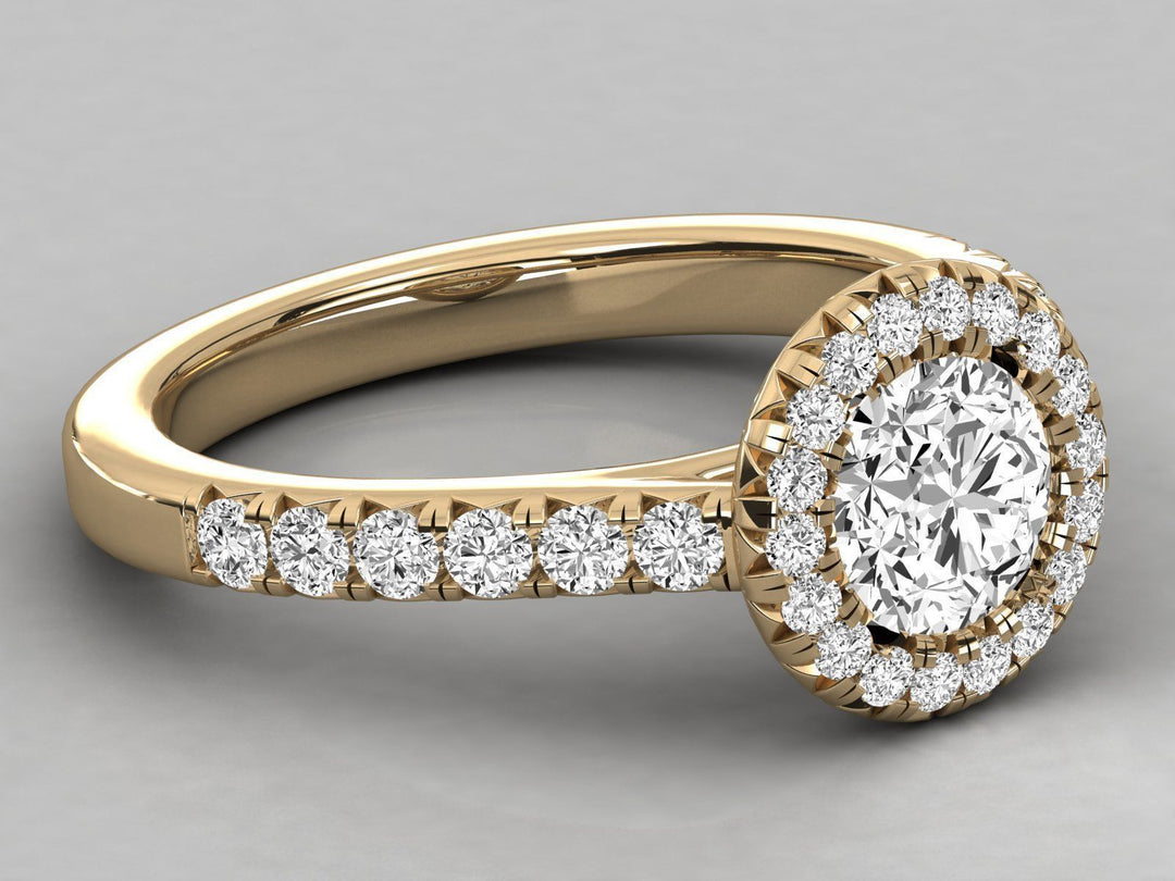 Aris – годежен пръстен с кръгъл диамант 0.89 ct и ореол от диаманти в 14К жълто злато