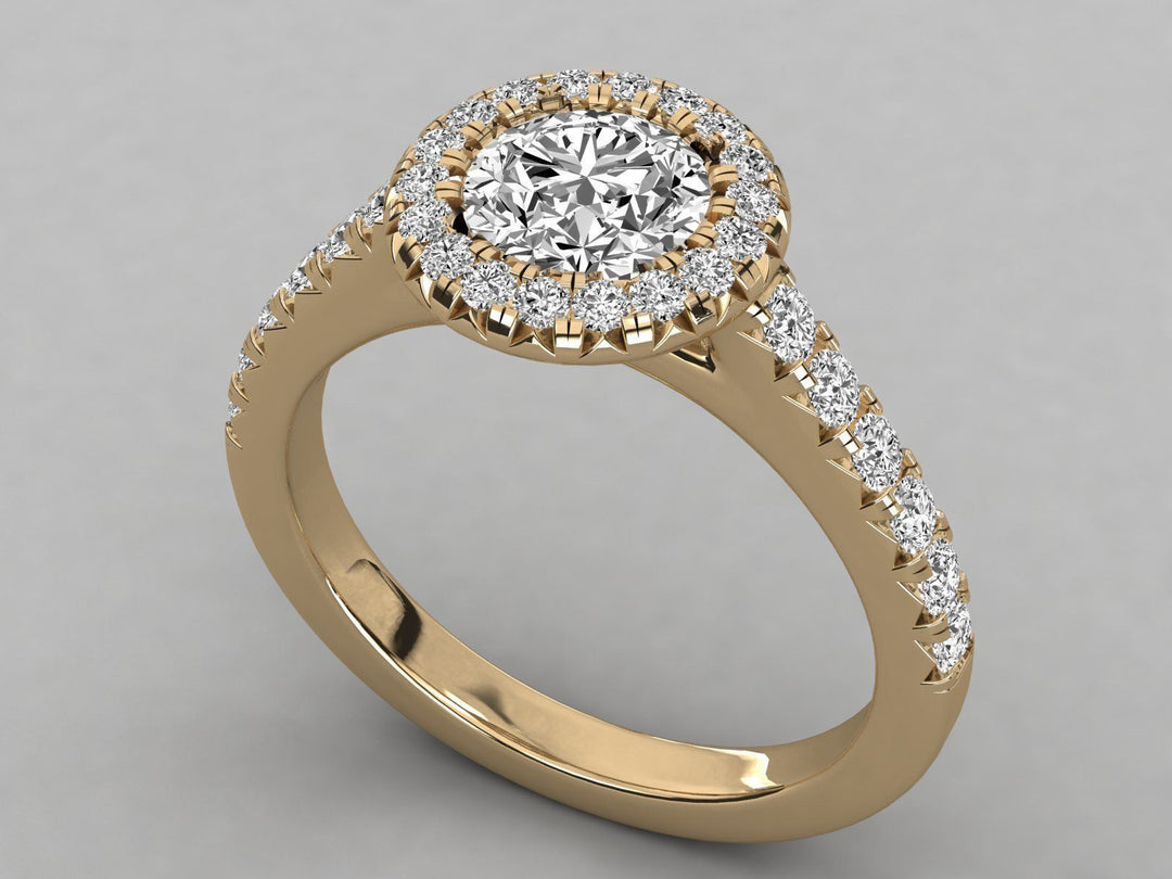 Aris – годежен пръстен с кръгъл диамант 0.89 ct и ореол от диаманти в 14К жълто злато