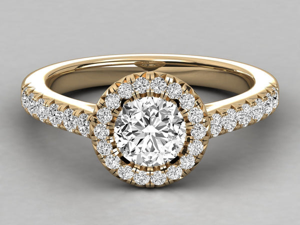 Aris – годежен пръстен с кръгъл диамант 0.89 ct и ореол от диаманти в 14К жълто злато