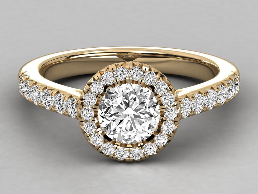 Aris – годежен пръстен с кръгъл диамант 0.89 ct и ореол от диаманти в 14К жълто злато