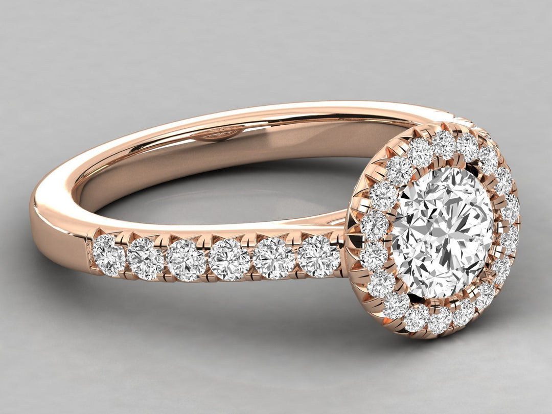 Aris – годежен пръстен с кръгъл диамант 0.89 ct и ореол от диаманти в 14К розово злато