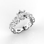 Заредете изображението в галерията: Aurelia – годежен пръстен с диамант 0.80 ct и артистични орнаменти в 14К бяло злато
