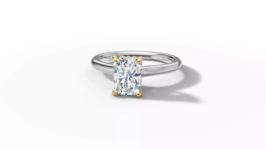 Aureta – годежен пръстен с правоъгълен диамант 1 ct и скрит ореол в 14К бяло злато с жълто злато