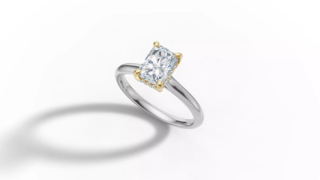 Aureta – годежен пръстен с правоъгълен диамант 1 ct и скрит ореол в 14К бяло злато с жълто злато