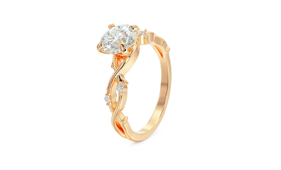 Florena – годежен пръстен с кръгъл диамант 1 ct и флорален усукан дизайн в 14К жълто злато