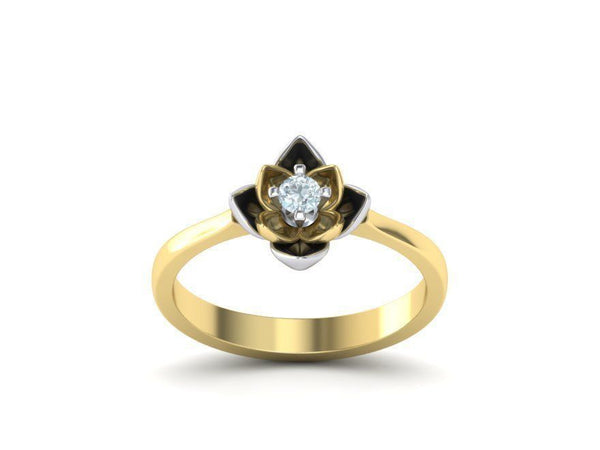 Flos Nymphaea – Годежен пръстен лотус с диамант в 14K комбинация жълто и бяло злато