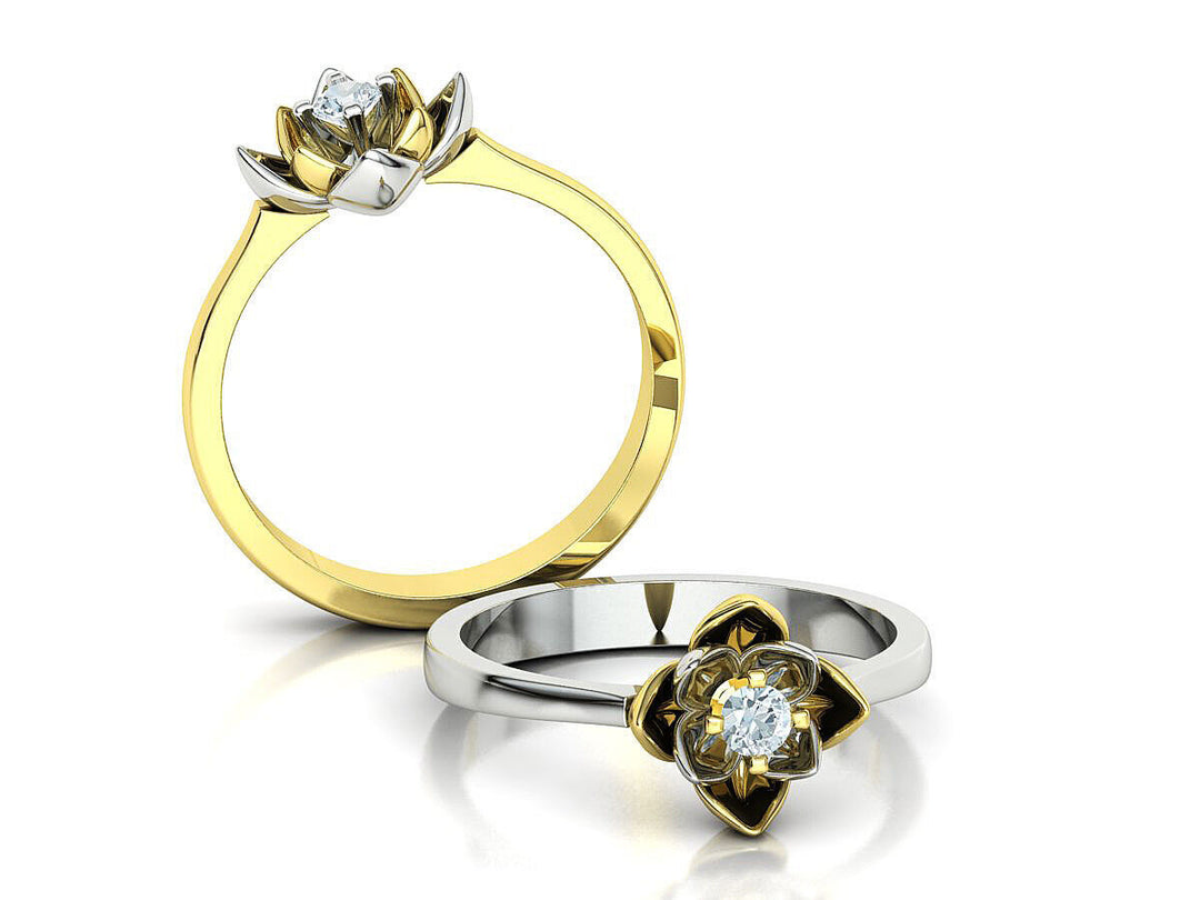 Flos Nymphaea – Годежен пръстен лотус с диамант в 14K комбинация жълто и бяло злато