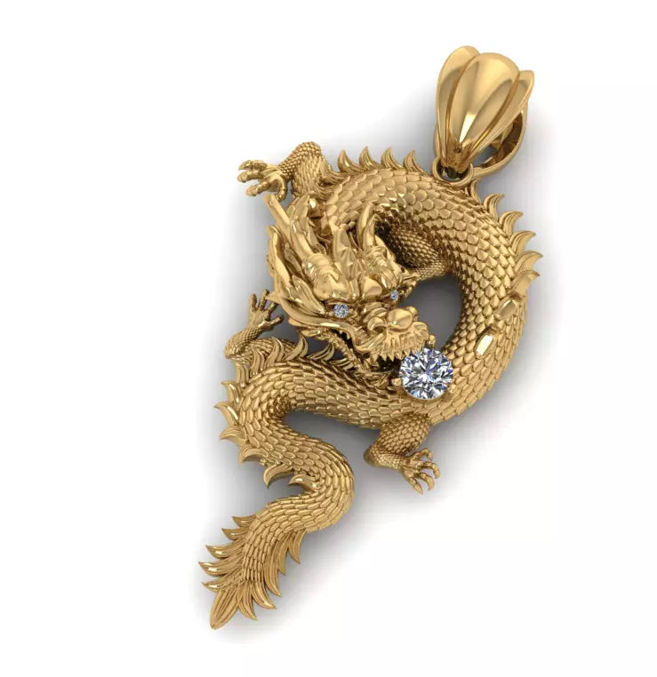 Drakon – мъжка висулка Дракон с диаманти от 14K жълто злато