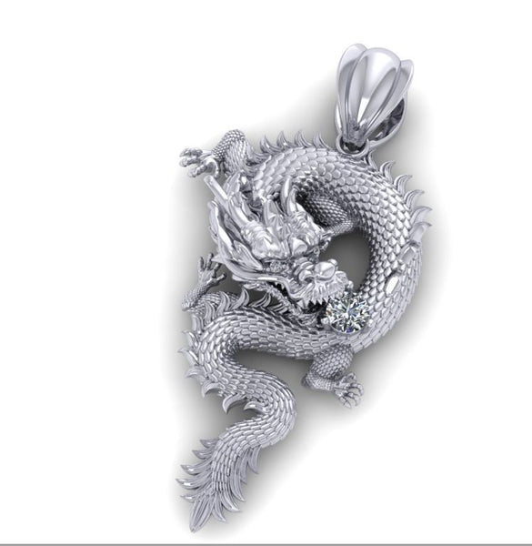 Drakon – мъжка висулка Дракон с диаманти от 14K бяло злато