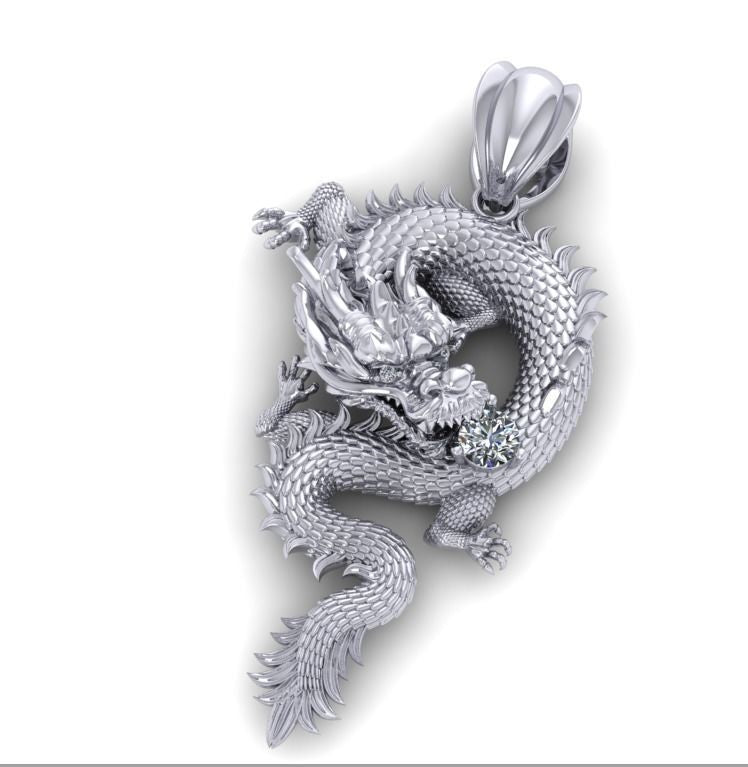 Drakon – мъжка висулка Дракон с диаманти от 14K бяло злато