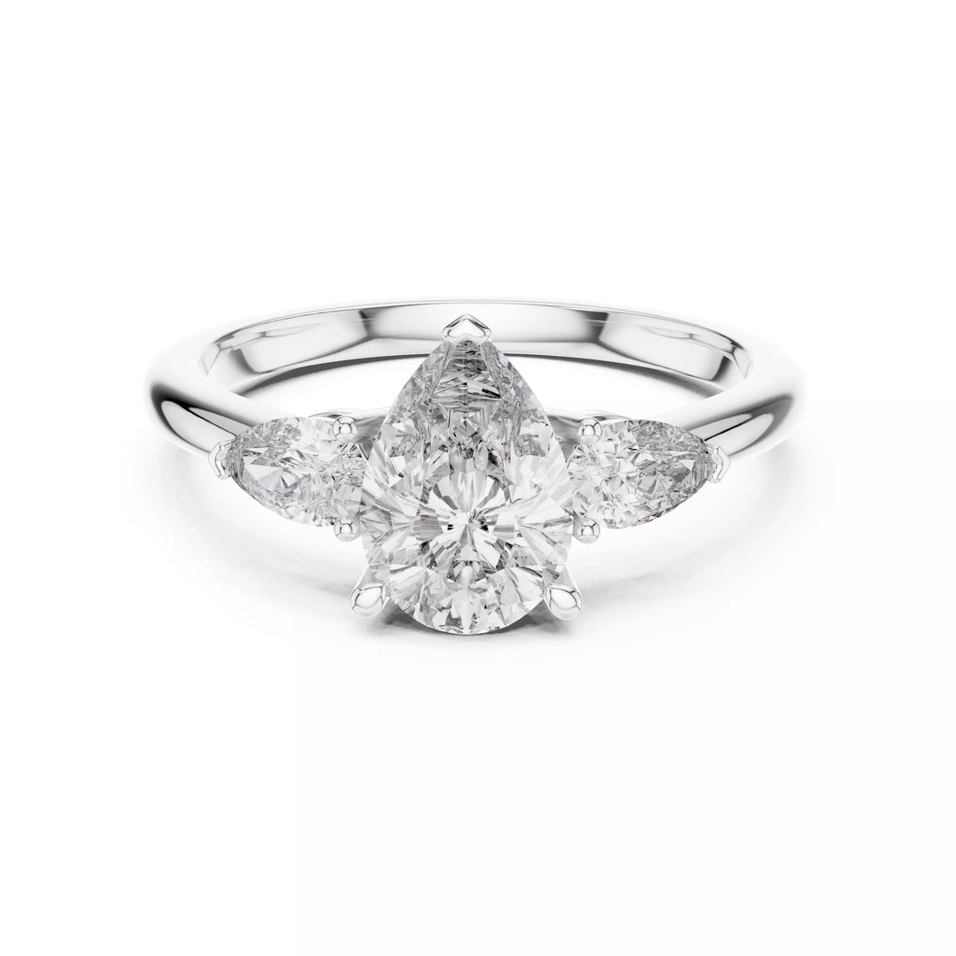 Triamara – годежен пръстен с 3 Pear диаманта, централен 1.20 ct и елегантни странични камъни в 14К бяло злато