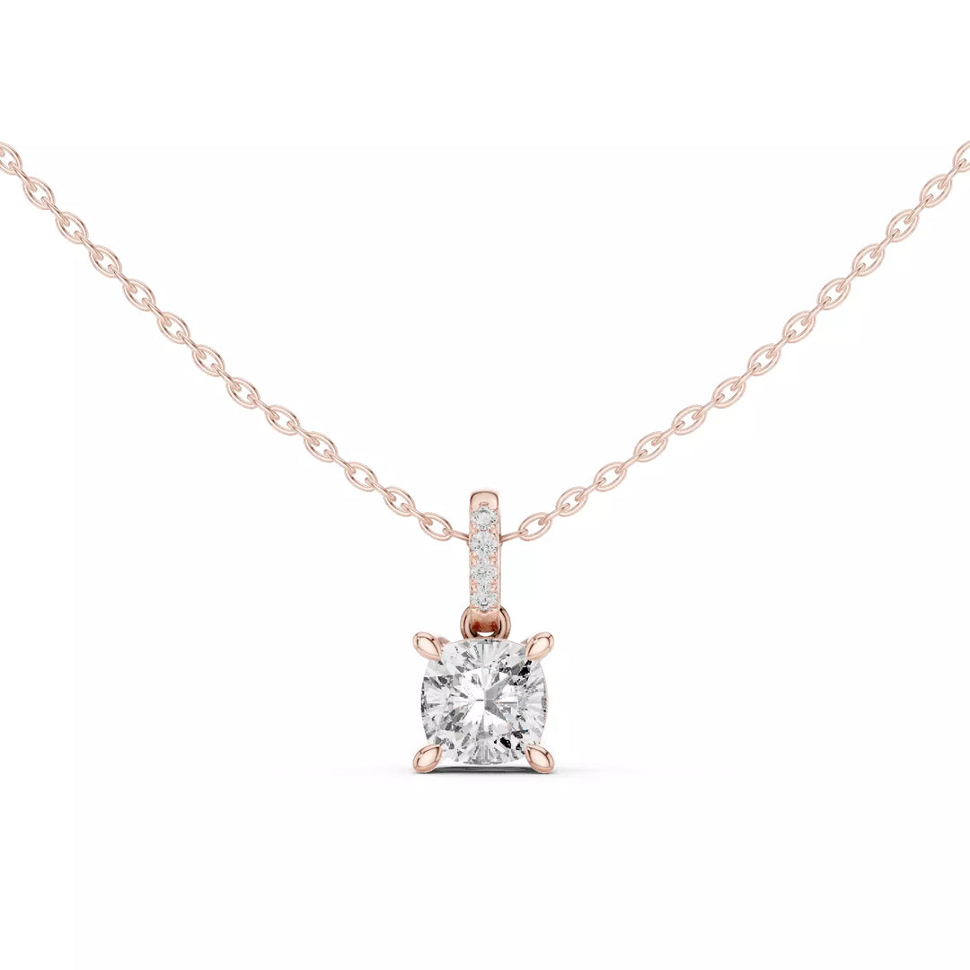 Velora висулка с 1.50 ct Cushion диамант от 14K розово злато